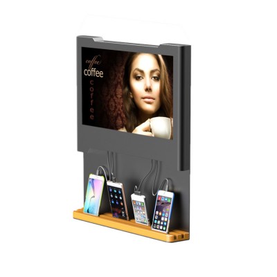 4-Ports wall mounted 19'' digital screen advertising bamboo charging station for Restaurant